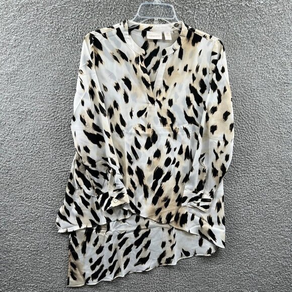 Chicos Womens Tunic Top 0 Small Petite Cream Brown Animal Print Sheer Shirt - Picture 1 of 11